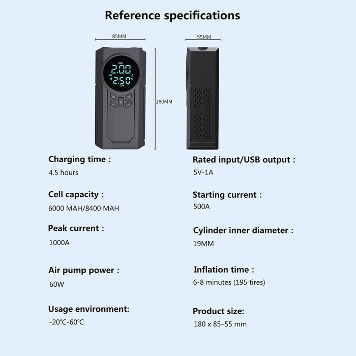 Електричний повітряний насос Topchance з акумулятором 8400 мАг, портативний повітряний компресор Mini з цифровим дисплеєм і аварійним світлом для автомобіля, велосипеда, мотоцикла, м'ячів, заряджається через USB-C, як павербанк (8400 мАг)