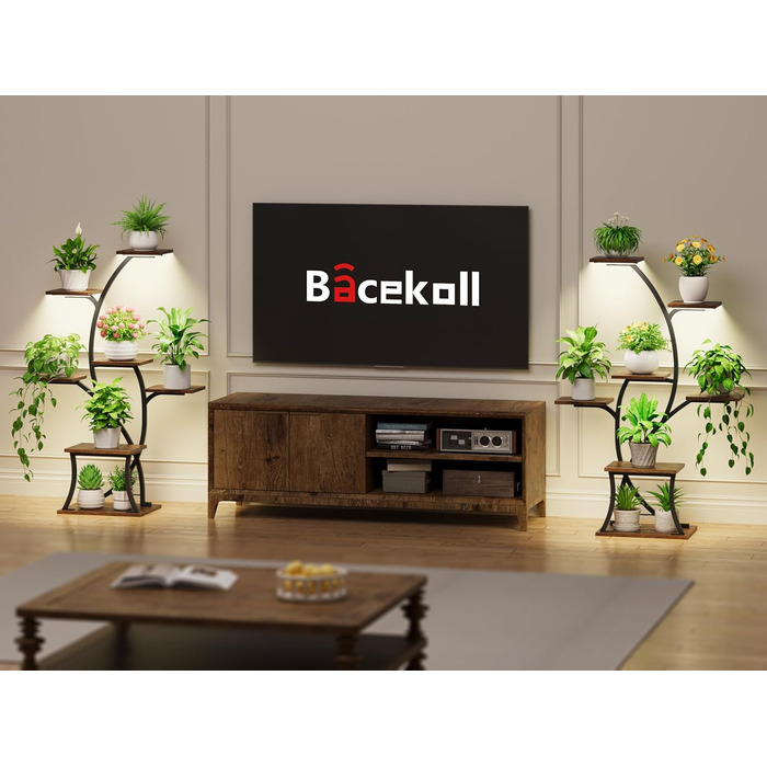 Підставка для рослин з лампою для вирощування - 7-ярусна підставка для квітів 112 см, полиця для рослин з металу та дерева - Квіткові драбини для приміщень та вулиці - Декоративна чорна квіткова підставка для балкону в приміщенні