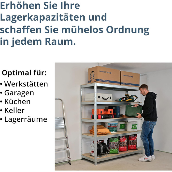 Стелаж SCHULTE Shelf World для важких умов експлуатації з 5 рівнями, 180x160x60 см (ВxШxГ), вантажопідйомність на рівень приблизно 250 кг, оцинкований, стелаж для зберігання, стелаж для підвалу, стелаж для майстерні, стелаж без ригелів