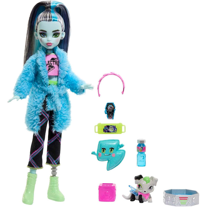Лялька MONSTER HIGH та аксесуари для ночівлі, лялька Френкі Штайн з собакою Вотзі, вечірка Creever, піжамний комплект Френкі Штайн HKY68