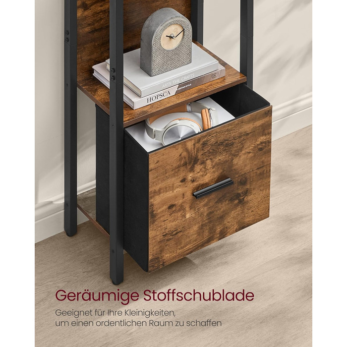 Рівнева кутова книжкова полиця з шухлядою, драбина, промисловий дизайн, сталевий каркас, для вітальні, домашнього офісу, спальні, 24 x 40 x 165 см, вінтажний коричнево-чорний LLS146B01 40B см, 5-