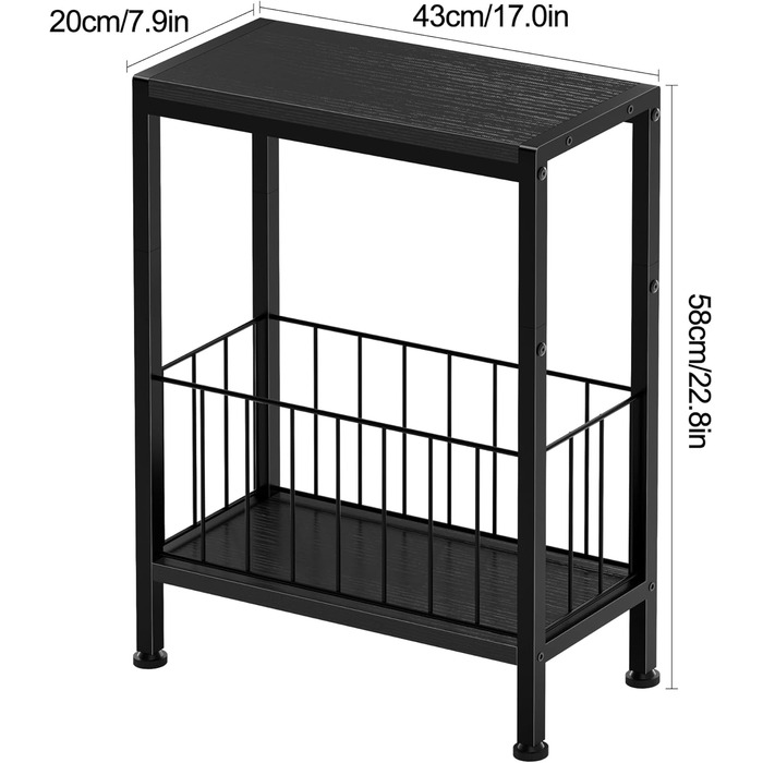 Вузький приставний столик, тонкий приставний столик з полицею для журналів, 2 полиці, вузька тумбочка біля ліжка, маленький журнальний столик для вітальні, спальні, кабінету, 20 x 43 x 58 см (Чорний)