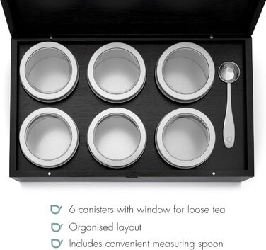 Велика коробка для чорного дерев&39яного чаю Bredemeijer, 35,5 x 20,8 см - Чайна коробка без віконця з 6 контейнерами для розсипного чаю та мірною ложкою, чорна