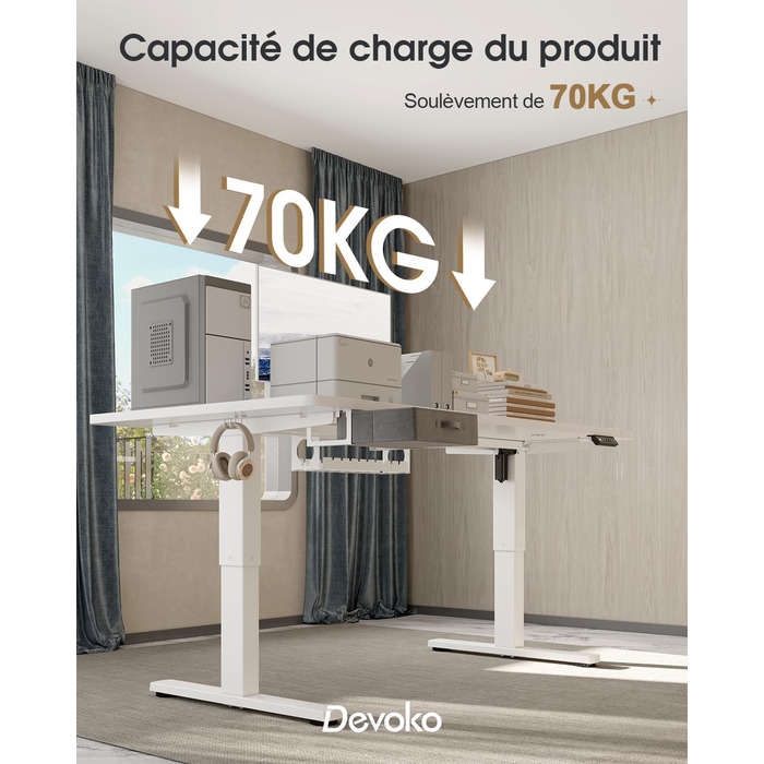 Письмовий стіл з регульованою висотою 160x80 см, Стіл з регульованою висотою та висувними ящиками, порт зарядки USB-A, комп&39ютерний стіл з лотком для кабелів, стіл для роботи стоячи з 3 функціями пам&39яті, білий, 160 x 80 см