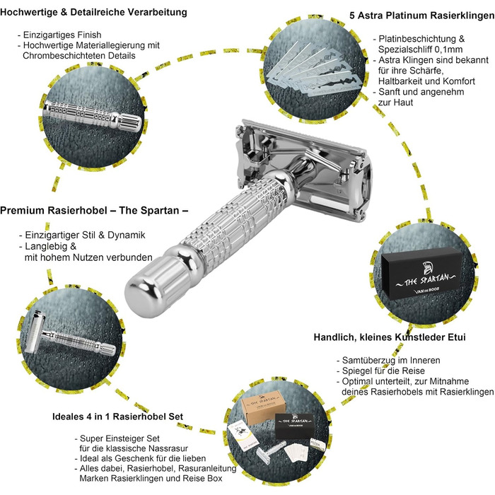 Набір безпечних бритв Van De Boos Spartan включно з 5 лезами Astra Platinum та дорожнім футляром (бритва для бороди, сріблястий) безпечна бритва для вологих бритв із головкою-метеликом ручна бритва для жінок і чоловіків