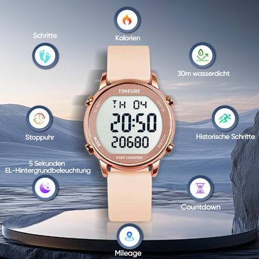 Жіночий крокомір, крокомір для ходьби, не потрібен додаток/телефон, водонепроникний фітнес-трекер калорій, відстеження відстані, будильник, великий цифровий дисплей, годинник, рожевий TU-2509