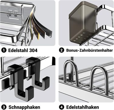 Полиця для душу FINIBO, не потребує свердління, 2 самоклеючі кутові органайзери для ванної кімнати, полиця для душу з нержавіючої сталі з 4 гачками та 2 тримачами для зубної пасти, чорний душовий кошик, кошик для душу для ванної кімнати та кухні, срібляст