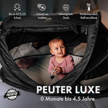 Дитяче ліжечко Deryan з матрацом від народження до 2,5 років - висувне дитяче ліжечко-намет, яке встановлюється за 2 хвилини - включає москітну сітку та дорожню сумку - 136x84x62 см (чорний), PL Black Peuter Luxe Black