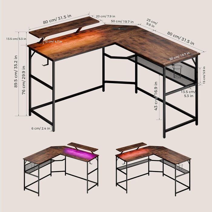 Геймерський стіл Mondeer L-подібної форми зі світлодіодним підсвічуванням, 130 x 130 см, кутовий стіл з 2 портами зарядки USB та 2 розетками живлення, двосторонній стіл з полицею та підставкою для монітора, для домашнього офісу, спальні, коричневий 130 x 