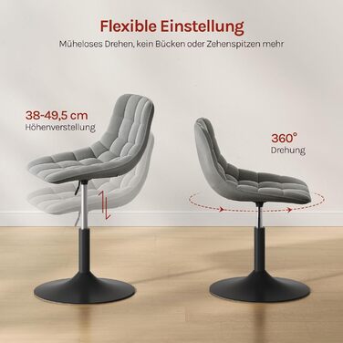 Крісло-табуретка WOLTU для туалетного столика, спальні та їдальні - регульована висота, поворот на 360 зі спинкою, виготовлена з комфортного оксамиту, світло-сіра