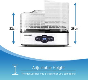 Дегідратор з нержавіючої сталі Wessper цифровий з таймером до 99 годин і регулятором температури від 35-70 за Цельсієм, 5 поверхів, без бісфенолу А, дегідратор дегідратор Дегідратор кутова сушарка для фруктів дегідратор з таймером