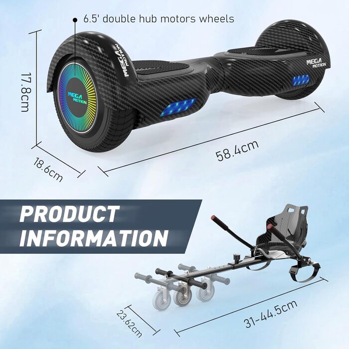 Гіроскутер MEGA MOTION 6,5 дюймів з ховеркартом – для дітей, молоді та дорослих, з Bluetooth-динаміком, світлодіодним підсвічуванням, чорний картинг