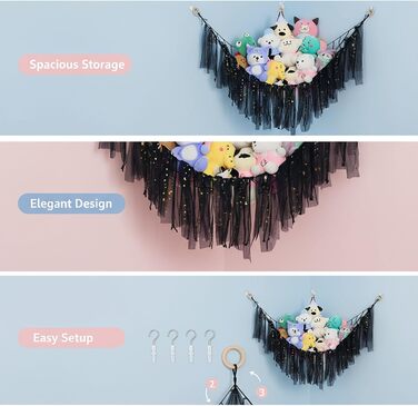 Гамак-іграшка з 2 м&39якими іграшками зі світлодіодними лампами, сітка для зберігання в дитячій кімнаті для організації плюшевих іграшок, декоративна підвісна сітка для декору спальні (чорний) Schwarz