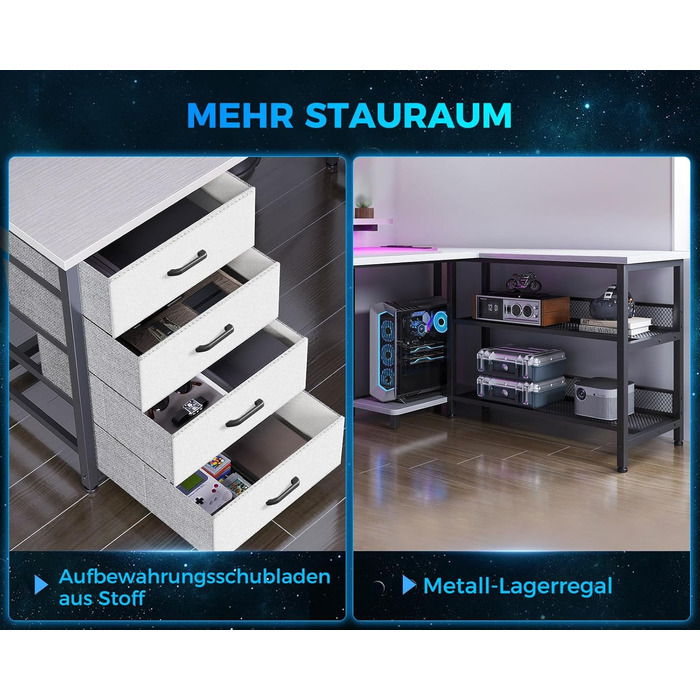 Кутовий стіл ODK з 4 шухлядами та місцем для зберігання, двосторонній кутовий стіл 167102 см з 2 розетками та 2 портами зарядки USB, ігровий стіл зі світлодіодним освітленням та підставкою для монітора для домашнього офісу, білий