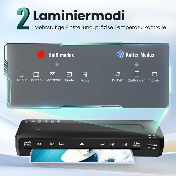 Ламінатор A3 - 5-в-1 ламінатор з ламінувальними пакетами для A3/A4/A5/A6, комплект для гарячого та холодного ламінування з різаком для паперу та закруглювачем кутів для дому, офісу, школи та фотографій - 5-в-1 ламінатор A3