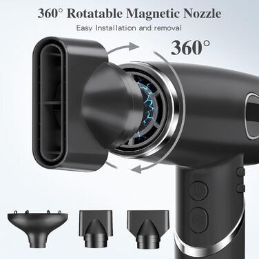 Фен з 200 мільйонами негативних іонів, наднизький рівень шуму 57 дБ, безщітковий мотор 110 000 об/хв, вага 340г, складаний фен з 3 дифузорами, LCD-дисплеєм, для подорожей, чорний, 2000W