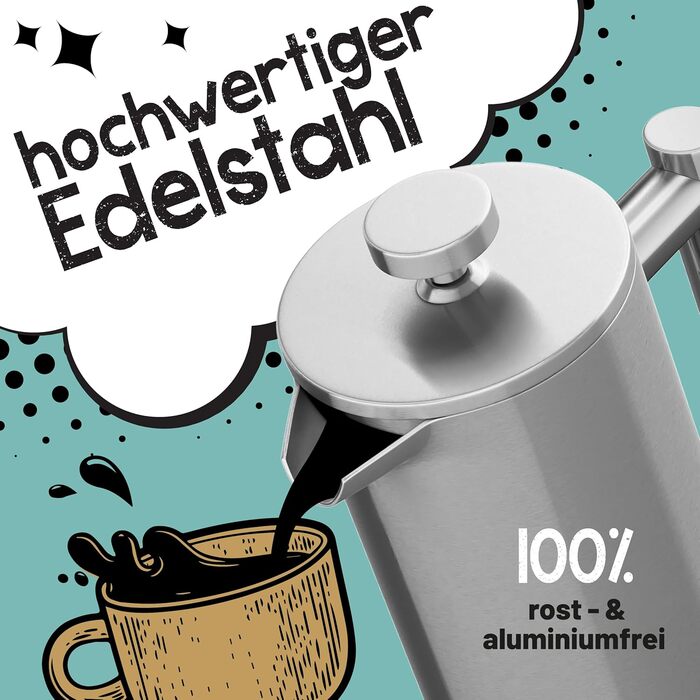 Френч-прес з нержавіючої сталі Morgenheld на 6 чашок 1000 мл Металевий кавовий прес індукційний підходить 1 л термовакуумний глечик кавоварка з подвійною стінкою 1000 мл (5 чашок)