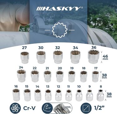 Набір торцевих ключів HASKYY XZN 8-36 мм, 21 предмет 6-гранник, 12-гранник, Torx, зовнішній багатогранник 1/2