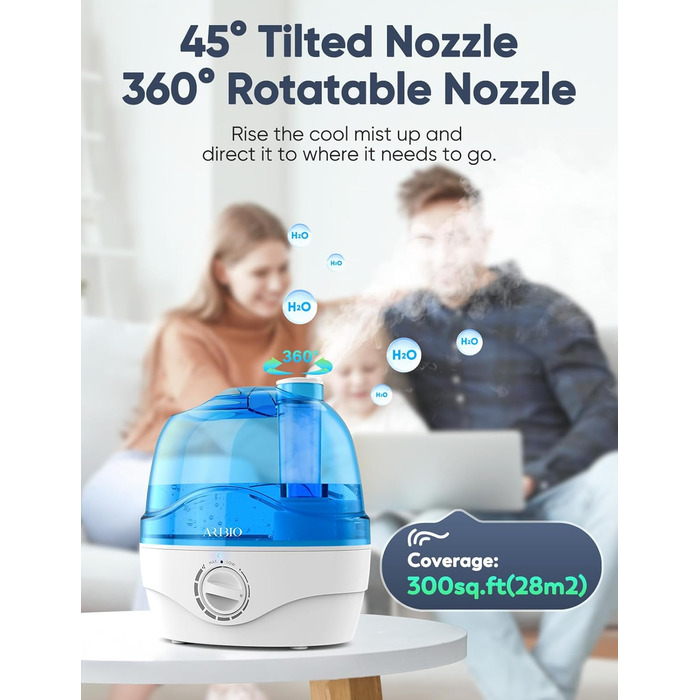 Зволожувач повітря, Зволожувач повітря для спальні 2,2 л з насадкою, що обертається на 360, Тихий на 28 дБ, Автоматичне вимкнення