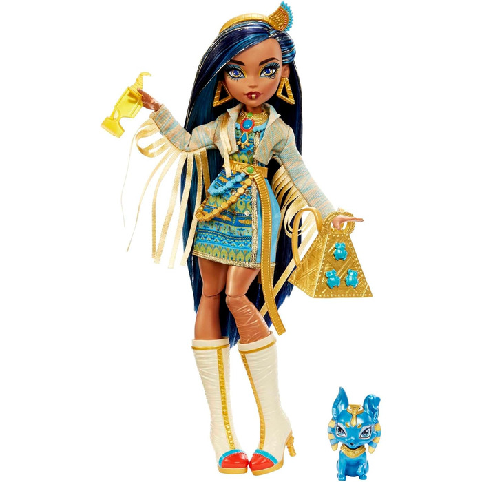 Лялька Monster High Cleo de Nile, Модна лялька-мумія, Королівський костюм, Чоботи-вбивці, Рюкзак-піраміда, Аксесуари, для дітей віком від 4 років, HHK54