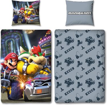 Дитячий двосторонній комплект постільної білизни Super Mario Kart - Постільна білизна для хлопчиків 135x200 80x80 см з 100 бавовни
