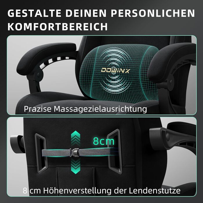 Ергономічне ігрове крісло Dowinx з регульованою масажною подушкою для попереку, мікрофібровий велюр, товста подушка сидіння, висувна підставка для ніг, регульовані підлокітники, нахил на 160, світло-чорний колір