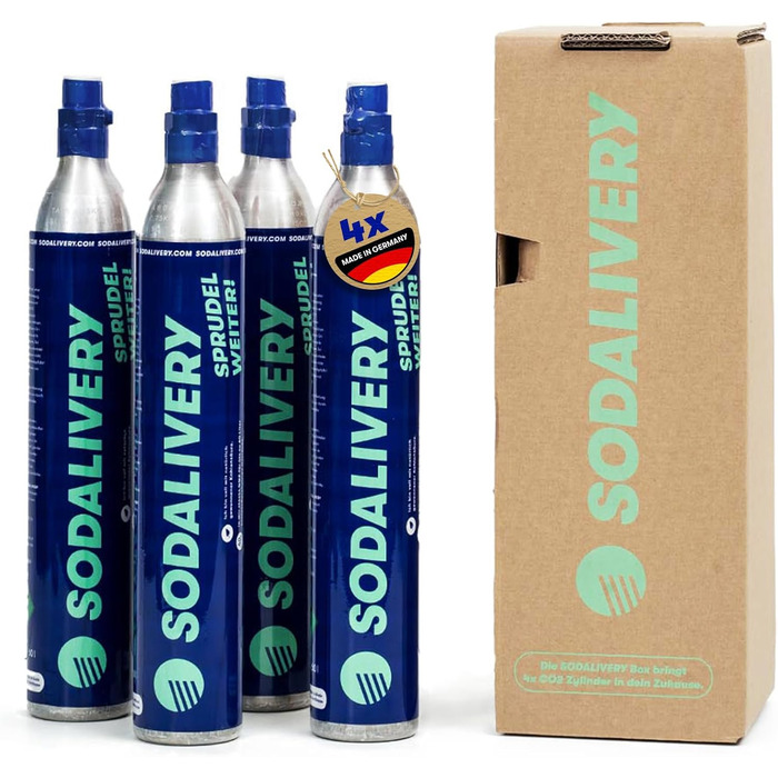 И Циліндр Sodalivery CO2 425 г/60 л балон з вуглекислим газом включаючи 4 заправки або зворотний депозит підходить для Sodastream Crystal, Crystal 2.0 Sodapop, Aarke, Philips Зроблено в Німеччині, 4 шт.