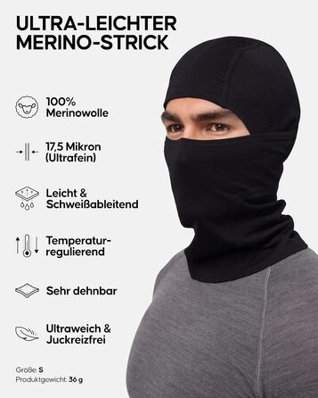 Балаклава DANISH ENDURANCE 100 мериносова, функціональна балаклава, легка лижна маска для холодної погоди, велосипедна кепка під шолом, унісекс, для чоловіків та жінок, розмір L-XL, чорний