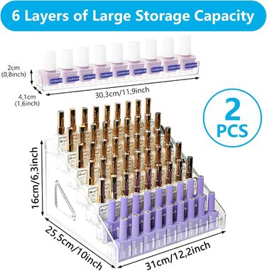 Набір для зберігання лаків для нігтів із 2 предметів, 6-рівневий органайзер для лаків, акрилова полиця для лаків, органайзер для ефірних олій, косметики, губної помади