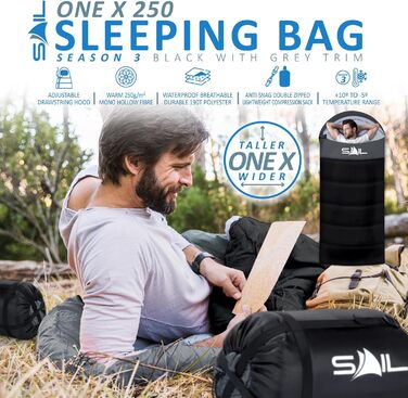 Спальний мішок SAIL XL Extra Wide для високих та великих людей, 3-4 сезони, 1,6 кг - 2,7 кг, легкий, водонепроникний, для використання в приміщенні та на вулиці, для дорослих, для піших прогулянок, походів та кемпінгу, чорний, 3 сезони