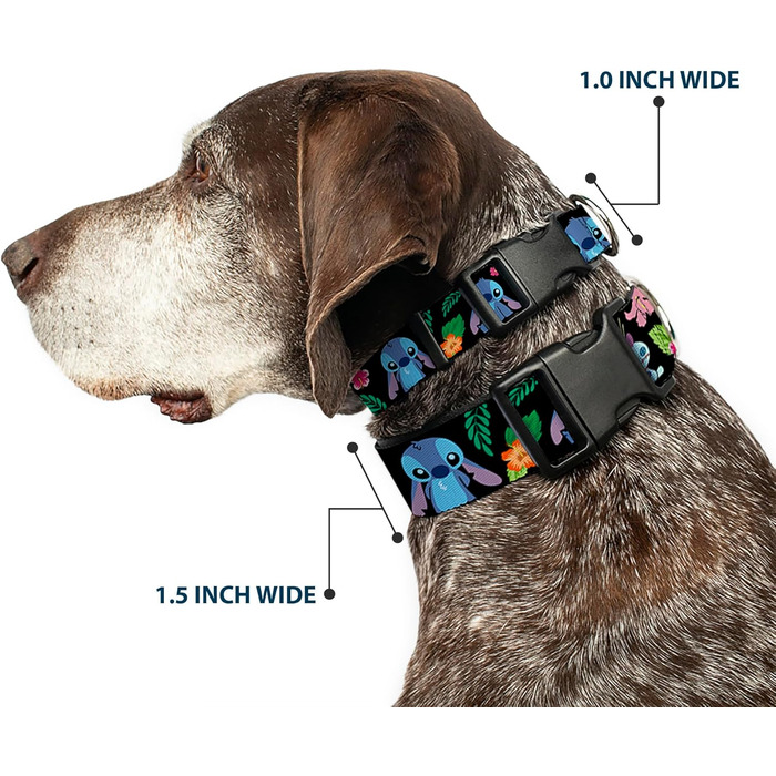 Нашийник Buckle-Down з пластиковою застібкою Охана означає сім'ю / Stitch & Scrump / Тропічні квіти - Чорно-білий / Багатоколірний - Ширина 2,5 см - Для обхвату шиї 38-66 см - Розмір L