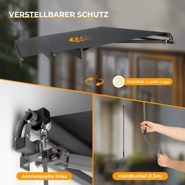 Складана тентована маркіза з ручним керуванням, 300x250 см, антрацит, сонцезахисна тентована маркіза, тентована для патіо, регулювання кута нахилу (5-60), балконна тентована маркіза з водонепроникним покриттям, настінне кріплення в комплекті, 300x250 см а