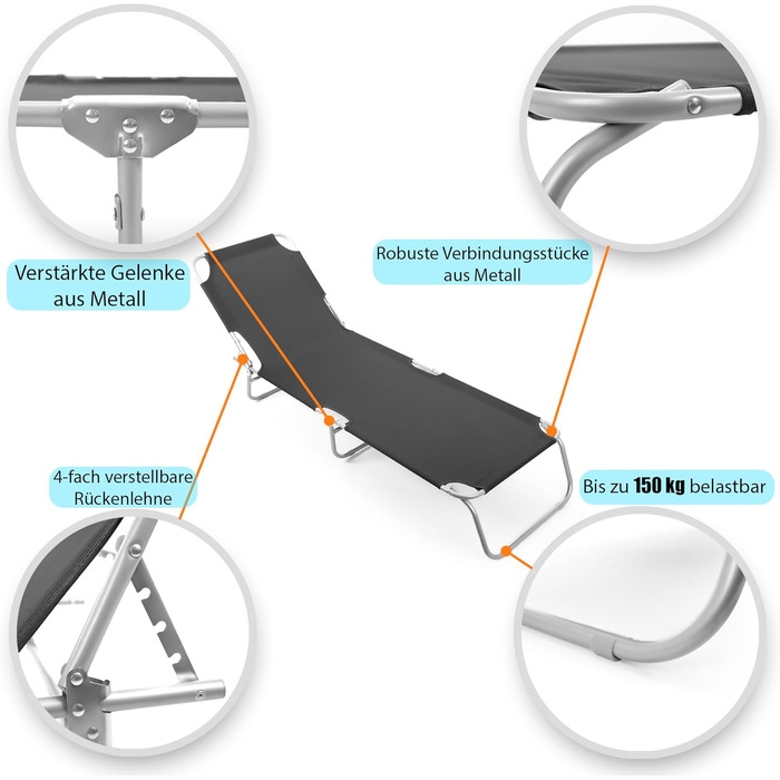 Складаний шезлонг BigDean, вантажопідйомність 150 кг, з 4-позиційним регулюванням спинки високоякісний садовий шезлонг для балкону, саду та пляжу чорний