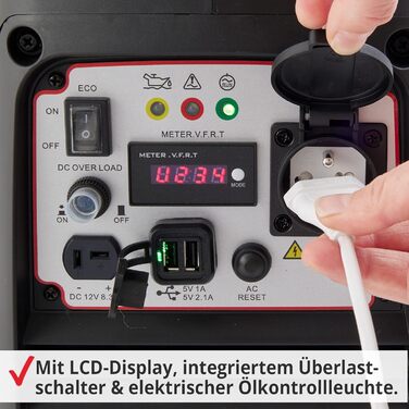 Інверторний генератор HECHT потужністю 2000 Вт, аварійне джерело живлення 4-літровий бензиновий бак 6 годин роботи тихий мобільне джерело живлення, також для чутливих до напруги пристроїв, таких як ноутбуки, мобільні телефони, телевізори тощо.