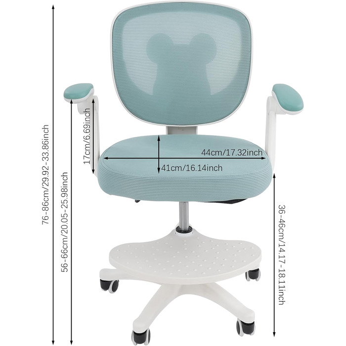 Дитячий письмовий стілець з регулюванням висоти, регульованими підлокітниками, обертовий стілець/підлітковий стілець з підставкою для ніг, регульований письмовий стілець для дітей віком 6-18 років (світло-зелений)