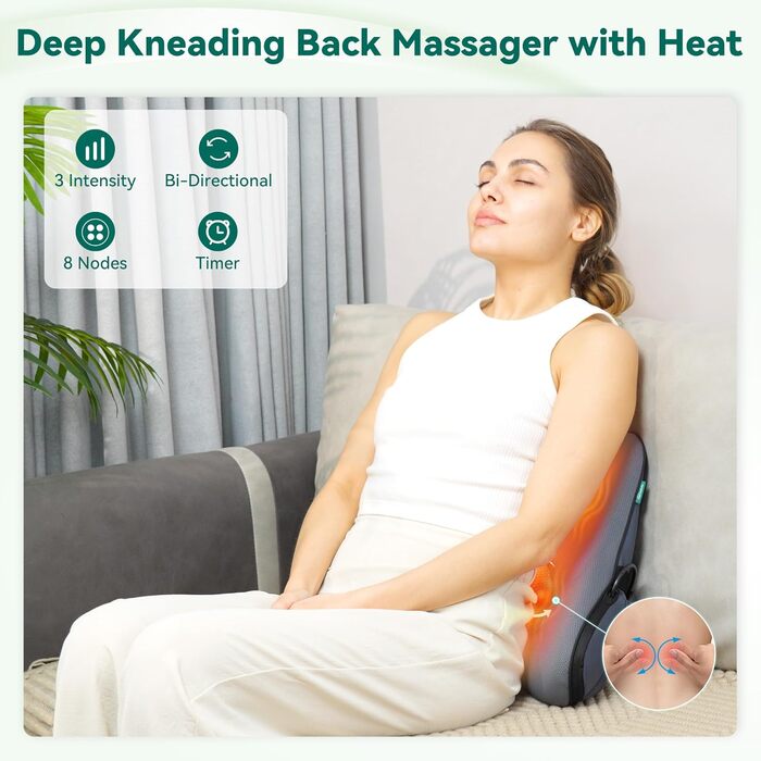 Ергономічна подушка для поперекової підтримки Snailax з масажем та підігрівом, подушка для спини Shiatsu з піни з ефектом пам&39яті, подушка сидіння з 3 рівнями інтенсивності масажу 2 рівні нагріву 3 таймери Зручна постава сидячи