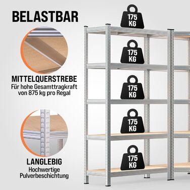 Комплект кутових стелажів Monzana з 3 предметів, міцний, вантажопідйомність 2625 кг, 15 полиць з МДФ, полиця для зберігання, полиця для підвалу, полиця, що вставляється, полиця для майстерні, сріблястий