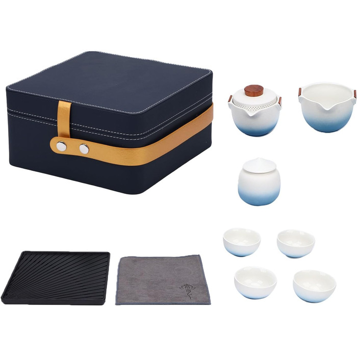 Похідний чайний сервіз Poenvfpo керамічний чайник для подорожей у шкіряній сумці-органайзері, ідеальний для автоподорожей та пікніків на природі
