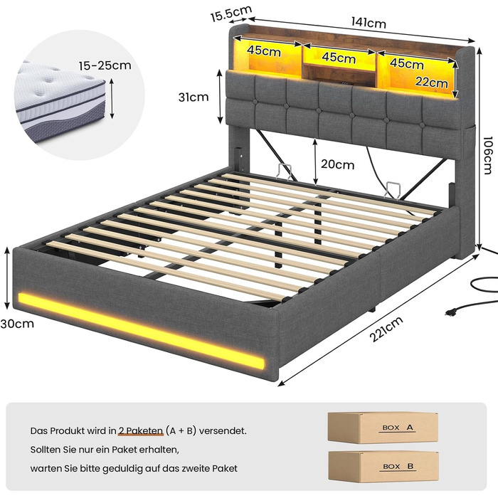 М&39яке ліжко 140200 см Гідравлічне ліжко з відсіком для зберігання речей та світлодіодним освітленням Дитяче ліжко з портами USB та Type-C Двоспальне ліжко Каркас ліжка з дерев&39яними ламелями, лляна тканина, без матраца (Темно-сірий, 140x200 см) 140x20