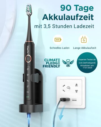 Електрична зубна щітка для дорослих і дітей звукова щітка з 8 насадками (3 типи), 90 днів роботи від акумулятора, 5 режимів, 50000 обертів на хвилину, дорожній футляр, таймер, чорний колір