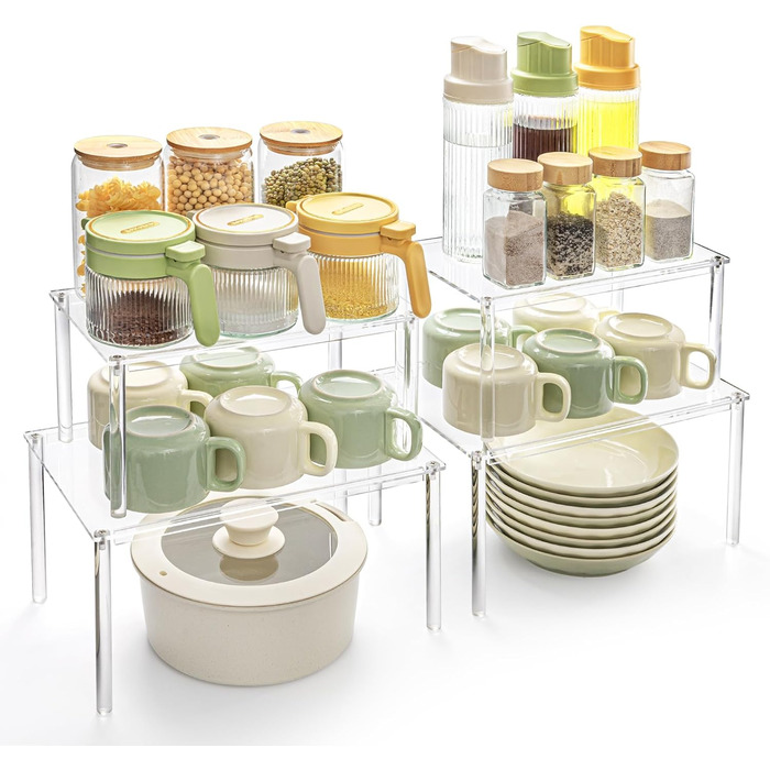 Прозорий кухонний органайзер, навісна стійка для спецій, набір з 4 предметів, органайзер для кухонної шафи, невелика кутова полиця для кухні, штабелюваний органайзер для спецій, стійка для чашок, міні-полиця, сучасний декор для кухонної стільниці