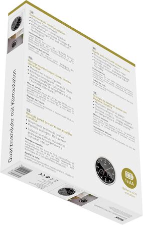 Кварцовий настінний годинник Mebus з термометром і гігрометром / срібна рамка / чорний циферблат / діаметр 25 см / круглий / модел