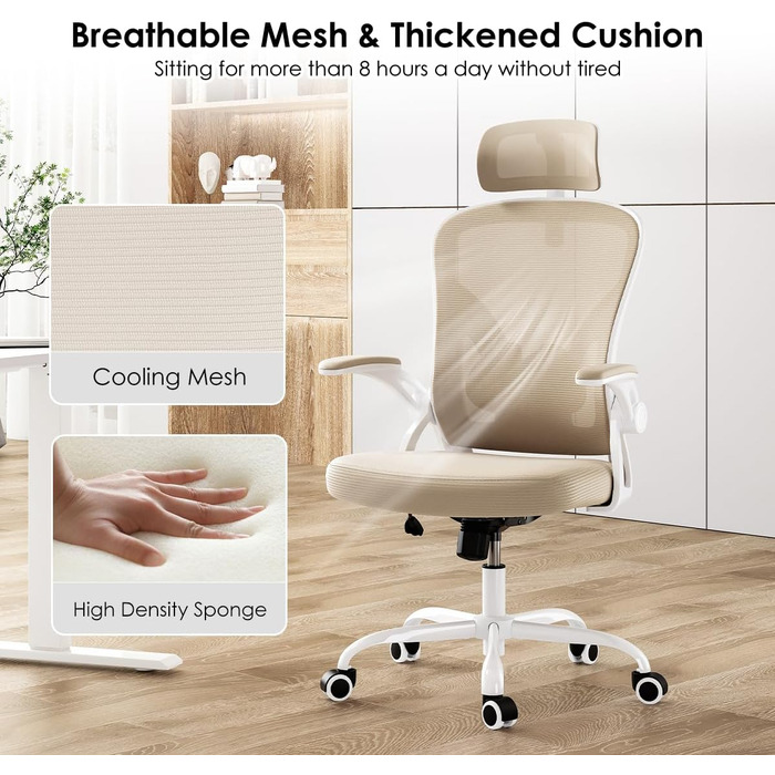 Ергономічне крісло Farini з підлокітниками, офісне крісло на колесах, зручне крісло для домашнього офісу, хакі, з підголівником