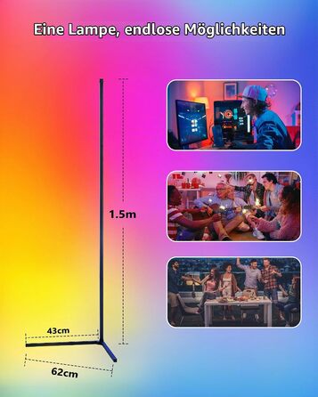 Торшер RGB 150 см кутова підсвітка з дистанційним керуванням та підтримкою Alexa, регульована яскравість, кольорова атмосферна лампа для вітальні, спальні та ігрової кімнати