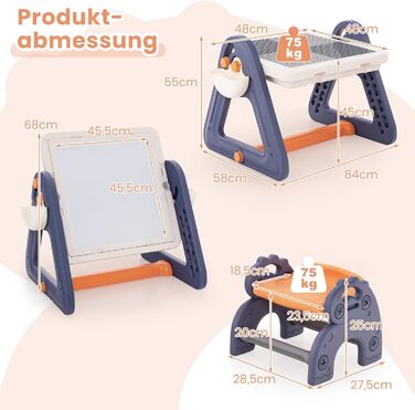 Дитячий столик GOPLUS зі стільцем, дитячий мольберт з двосторонньою стільницею та дошкою, 2 коробки для зберігання, 160 будівельних блоків, ігровий столик, робочий стіл для дітей від 3 років