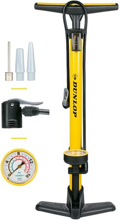 Велосипедний насос Dunlop з подвійним клапаном - велосипедний повітряний насос з 2 адаптерами - для всіх клапанів - клапани Dunlop, Presta та Schrader - 12 бар/180 PSI - ножний насос, манометр, жовтий