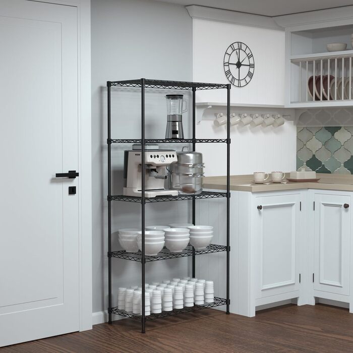 Полиця для зберігання WORKPRO з 5 полицями, регульованими по висоті, та регульованими ніжками, металева полиця, полиця для підвалу, полиця для майстерні, вантажопідйомність до 340 кг, 75x35x150 см, з 4 гачками, чорний колір