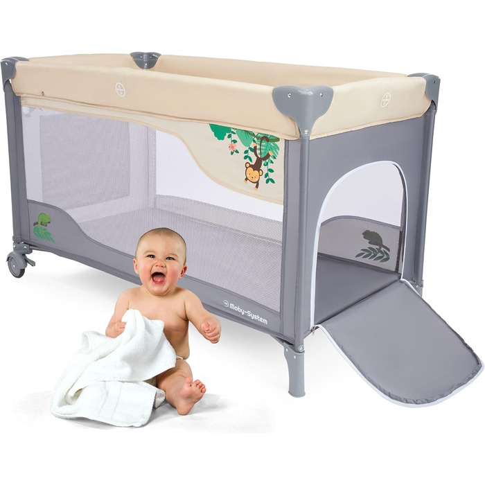 Дорожнє ліжечко-манеж Moby-System Huxley 2-в-1 з пеленальною підкладкою, 2 матрацами, москітною сіткою, сумкою для перенесення - для дітей від 0 до 36 місяців, 128x68x75 см, сірий/рожевий