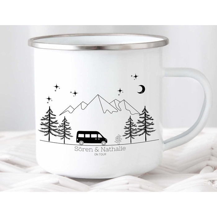 Емальована кружка Маленька Матильда, барвиста персоналізована кемпінгова кружка з іменем для кемперів, кавова кружка, аксесуар для караванів, кружка з нержавіючої сталі, подарунок для кемперів (чорний колір для кемперів)