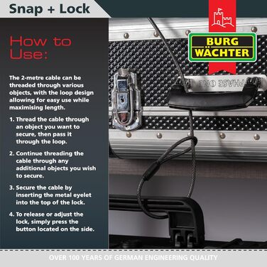 Замок сталевий тросовий з кодовим замком BURG-WCHTER, для велосипеда, мотоцикла, електросамоката, садових меблів, 720 200 SnapLock, чорний, 2м